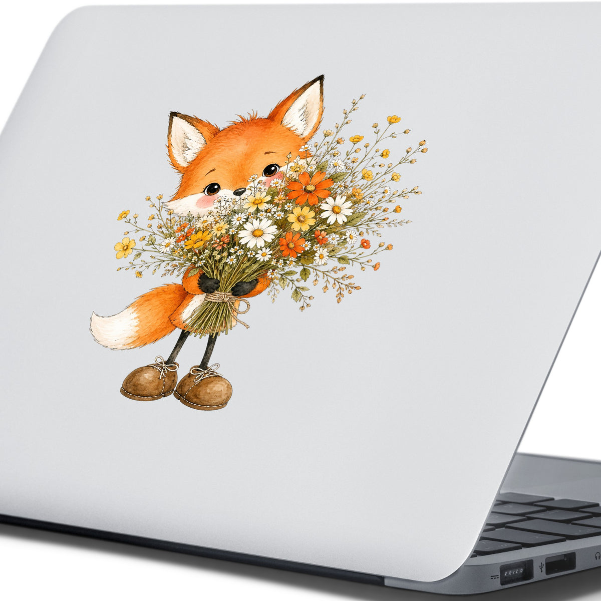 Orange Fox Holding Flower Bouquet UV DTF sticker applied to the lid of a silver laptop