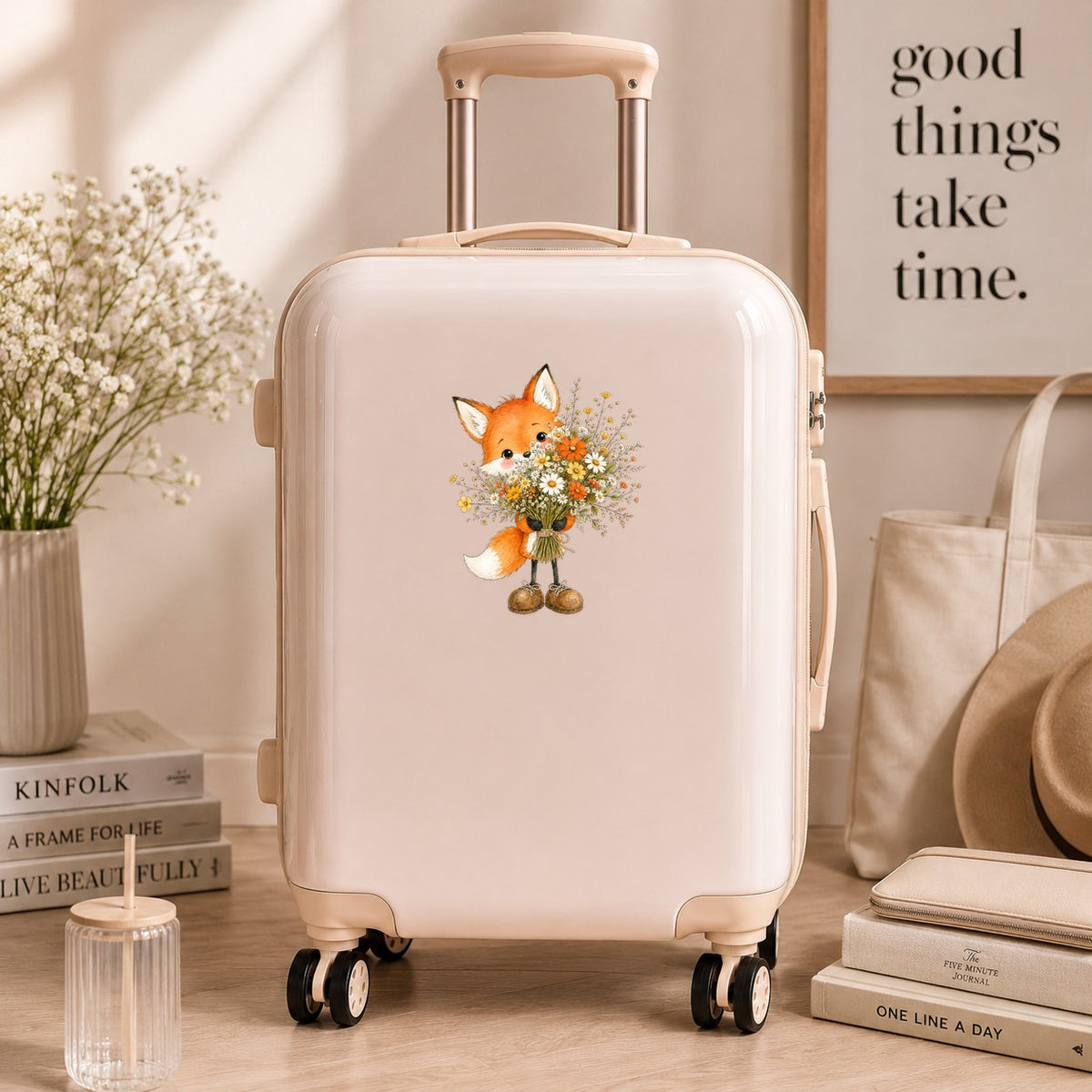 Orange Fox Holding Flower Bouquet UV DTF sticker applied to a cream carry-on suitcase
