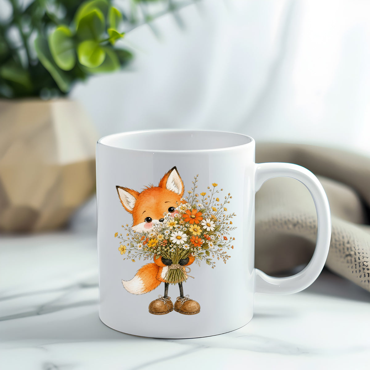 Orange Fox Holding Flower Bouquet UV DTF sticker applied to a white coffee mug
