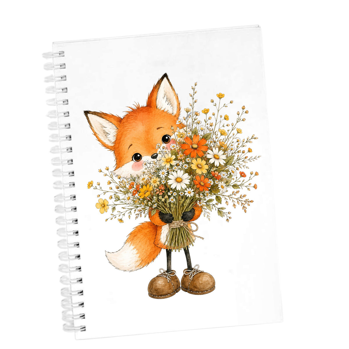 Orange Fox Holding Flower Bouquet UV DTF sticker applied to the cover of a white spiral journal