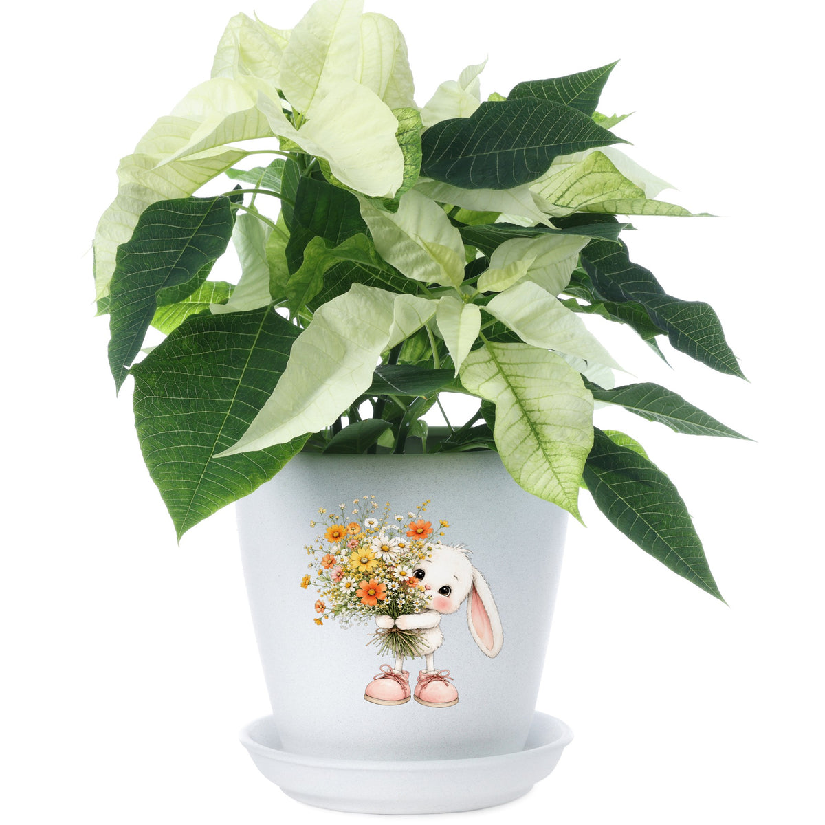 Baby Bunny Holding Daisy Bouquet UV DTF sticker applied to a white flower pot