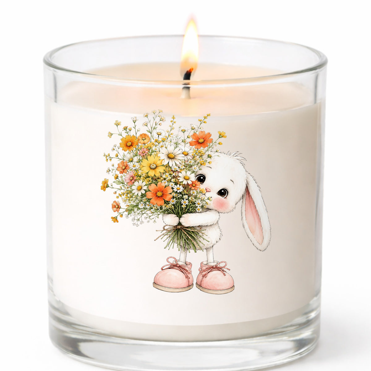 Baby Bunny Holding Daisy Bouquet UV DTF sticker applied to a white candle in a clear glass jar