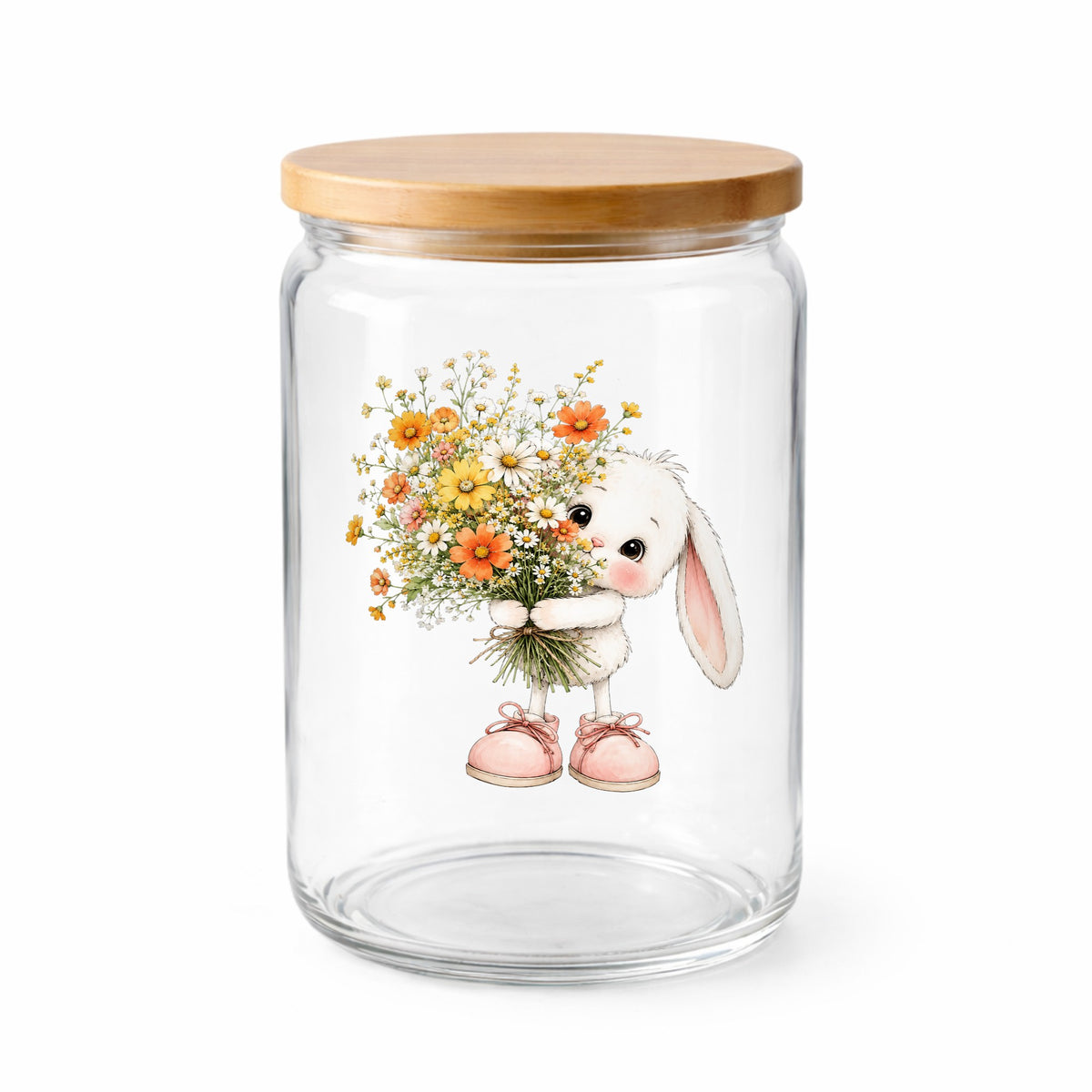 Baby Bunny Holding Daisy Bouquet UV DTF sticker applied to a clear glass jar with a wooden lid
