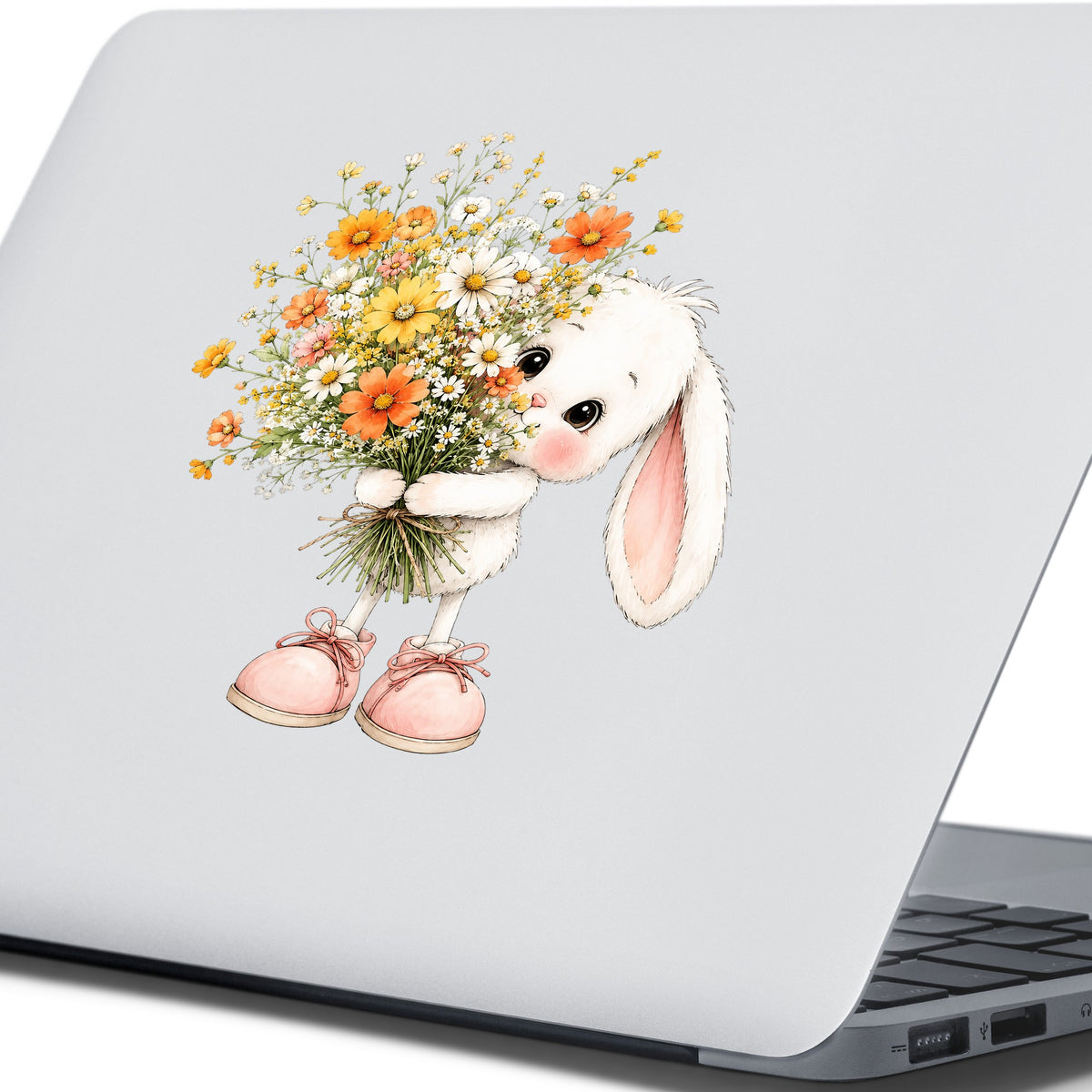 Baby Bunny Holding Daisy Bouquet UV DTF sticker applied to the lid of a silver laptop