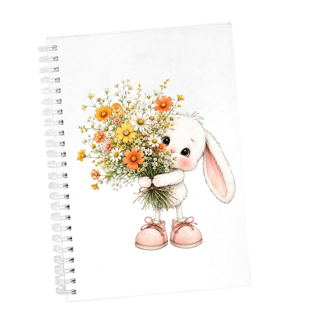 Baby Bunny Holding Daisy Bouquet UV DTF sticker applied to the cover of a white spiral journal