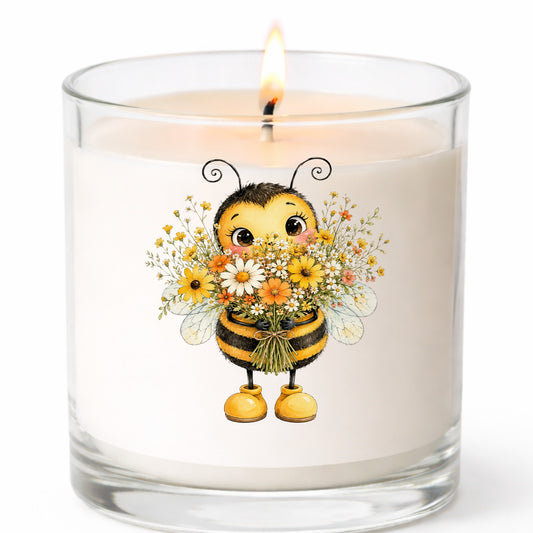 Bumble Bee Holding Daisy Bouquet UV DTF sticker applied to a white candle in a clear glass jar