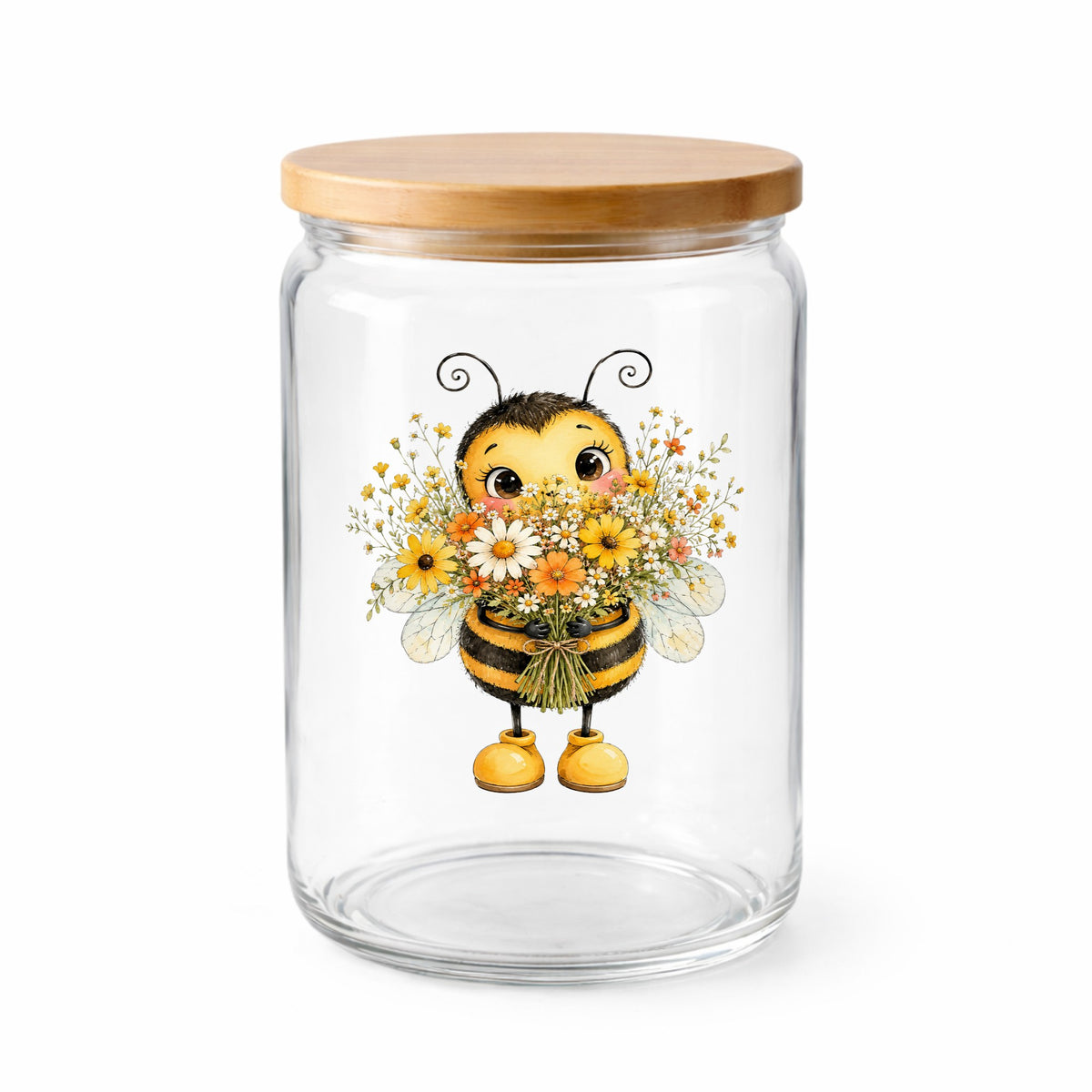 Bumble Bee Holding Daisy Bouquet UV DTF sticker applied to a clear glass jar with a wooden lid