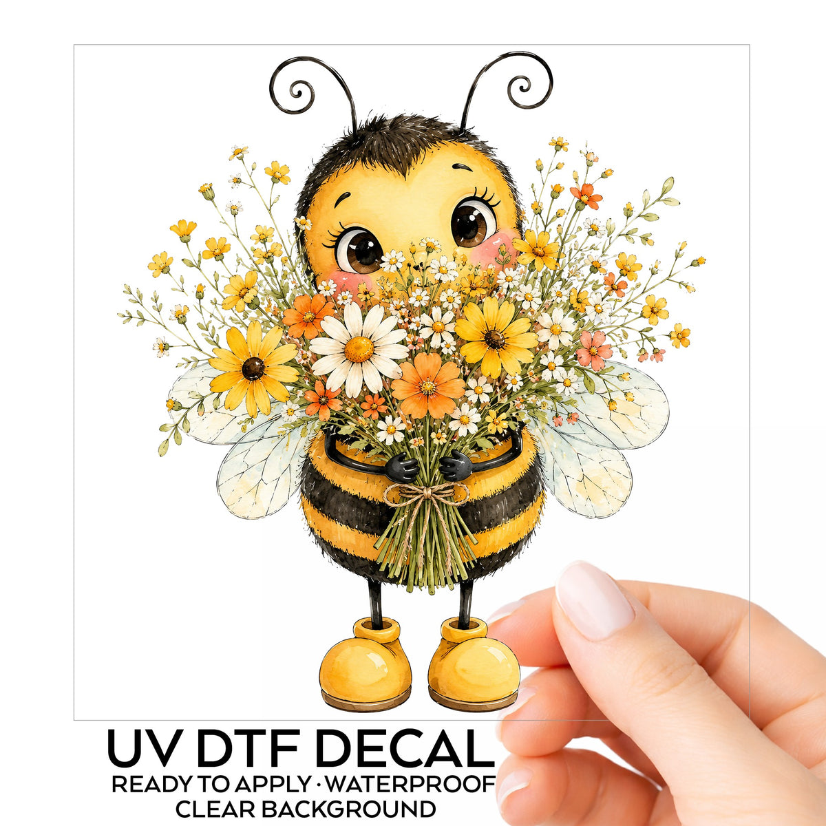 Bumble Bee Holding Daisy Bouquet UV DTF sticker on its backing card, held in hand