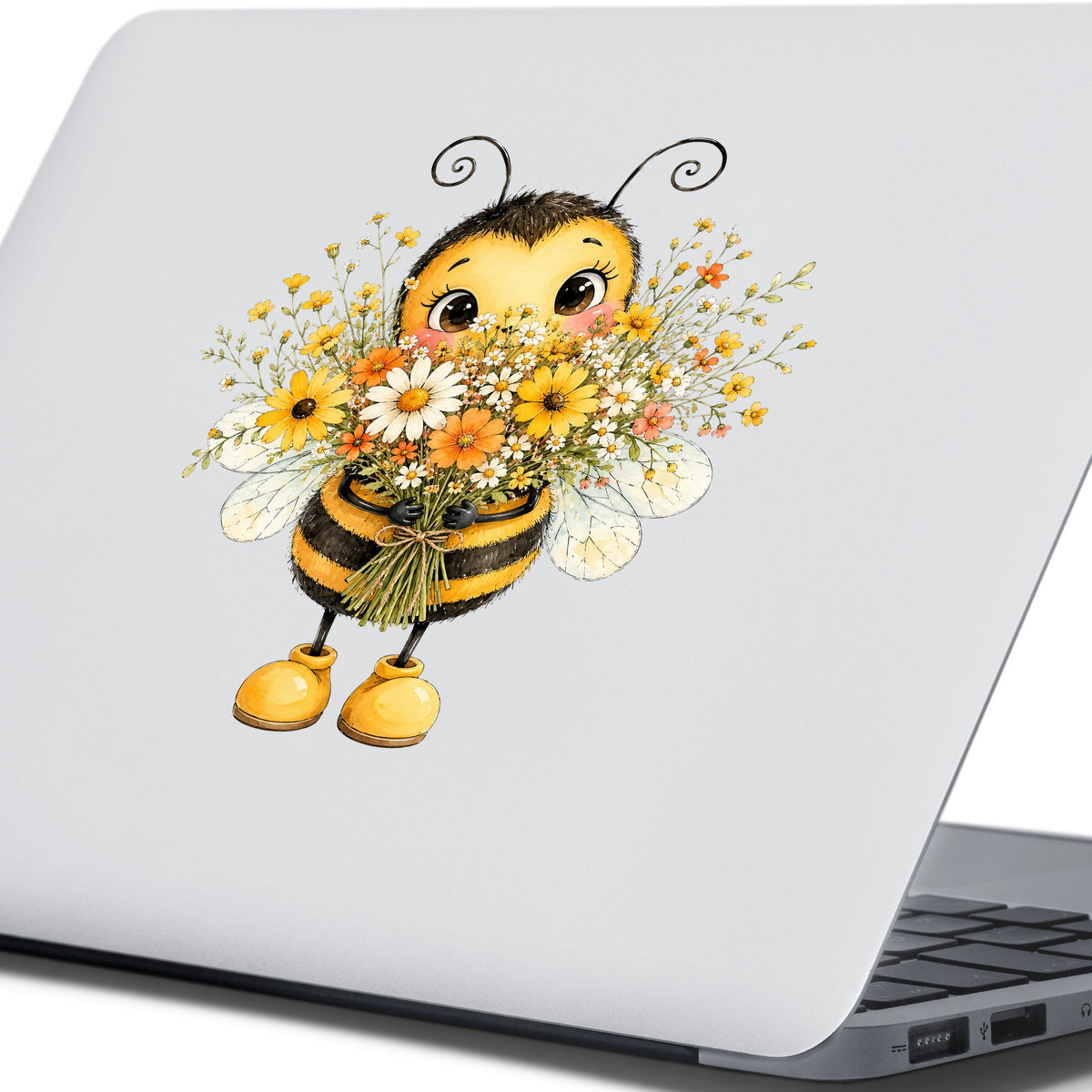 Bumble Bee Holding Daisy Bouquet UV DTF sticker applied to the lid of a silver laptop