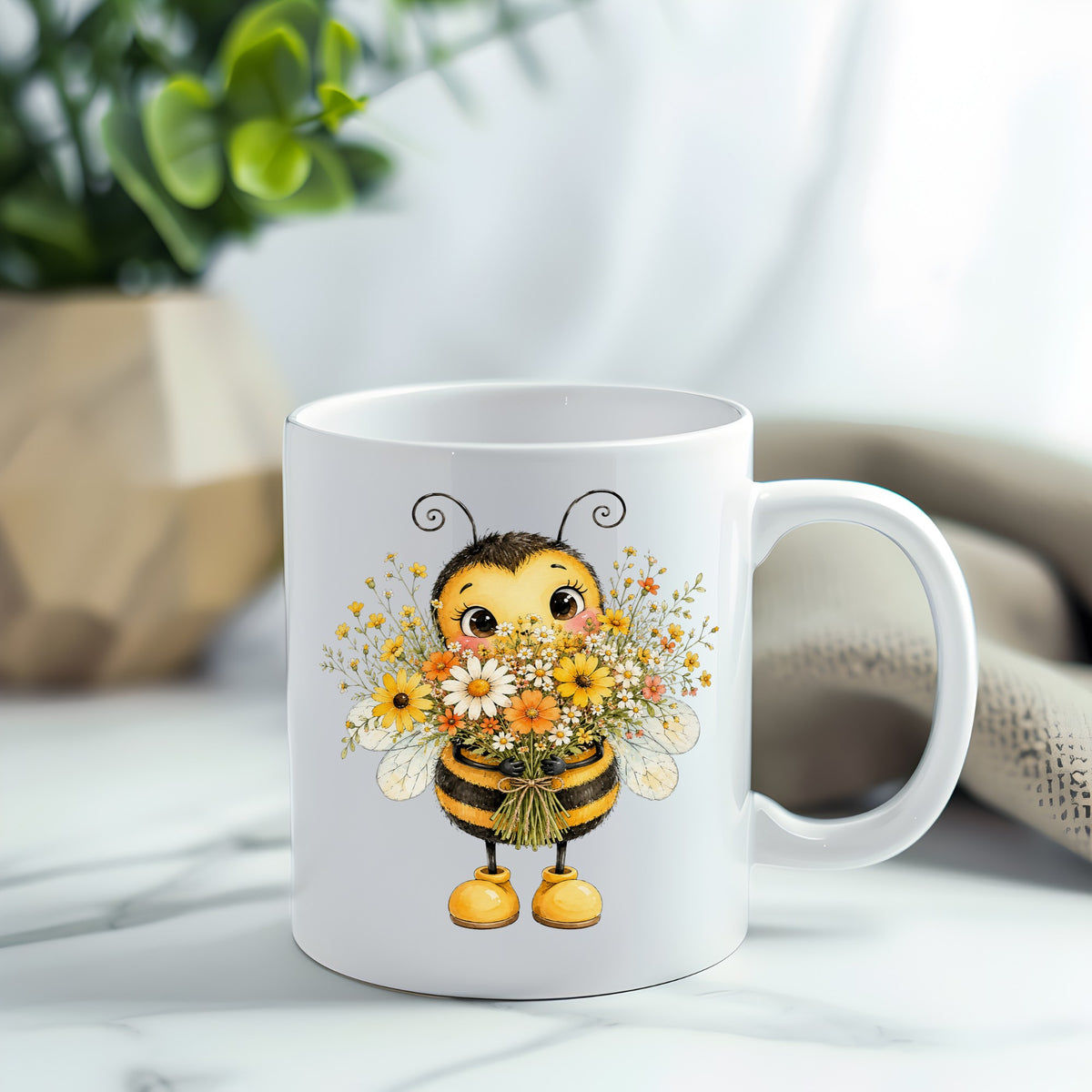 Bumble Bee Holding Daisy Bouquet UV DTF sticker applied to a white coffee mug