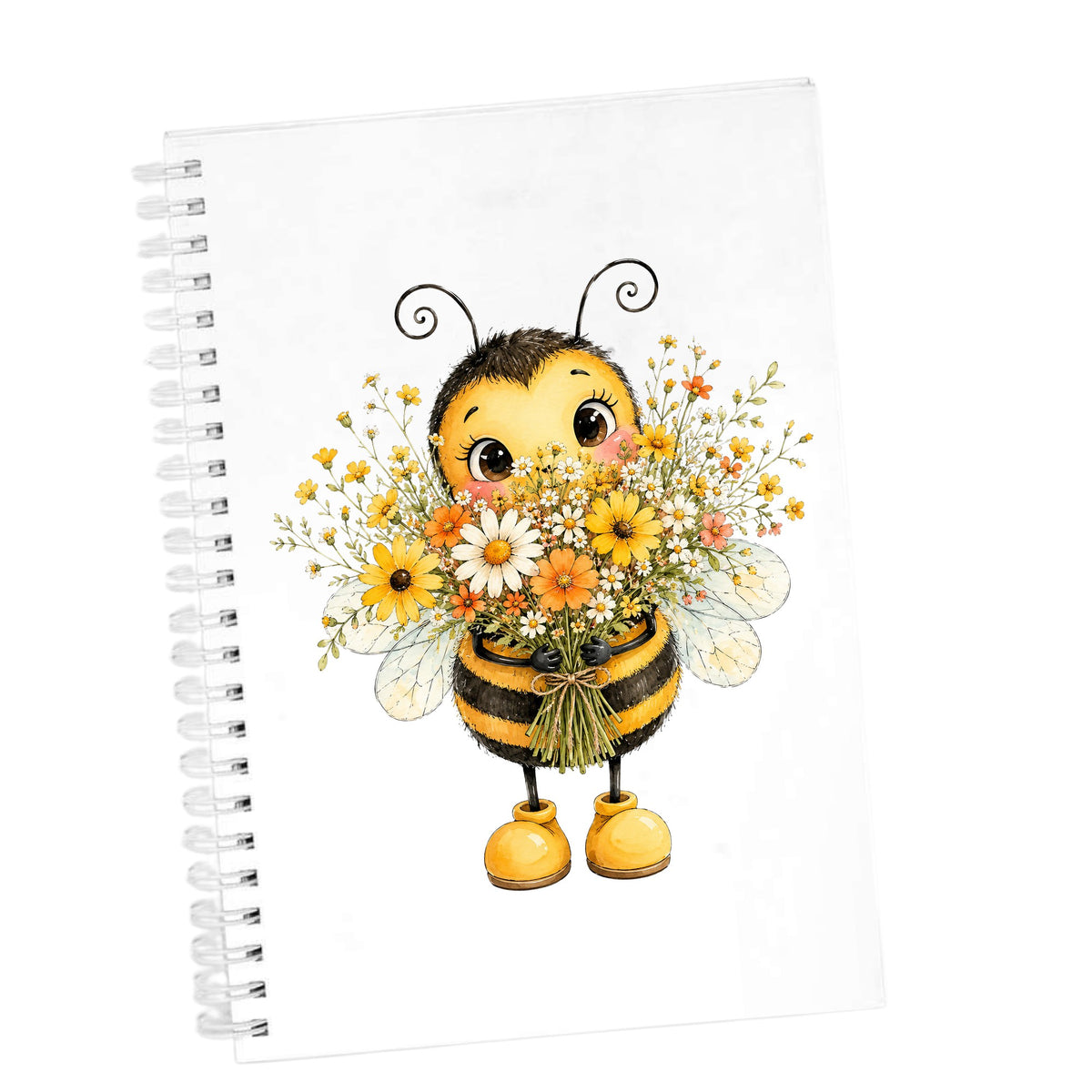 Bumble Bee Holding Daisy Bouquet UV DTF sticker applied to the cover of a white spiral journal