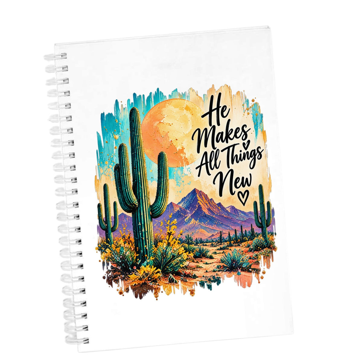 He Makes All Things New desert cactus UV DTF sticker on a white journal