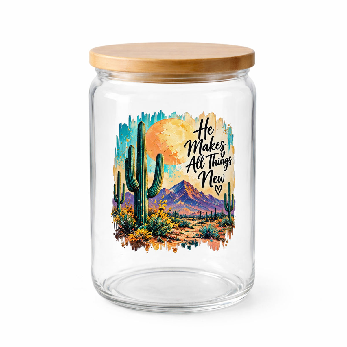 He Makes All Things New desert cactus UV DTF sticker on a glass jar with lid