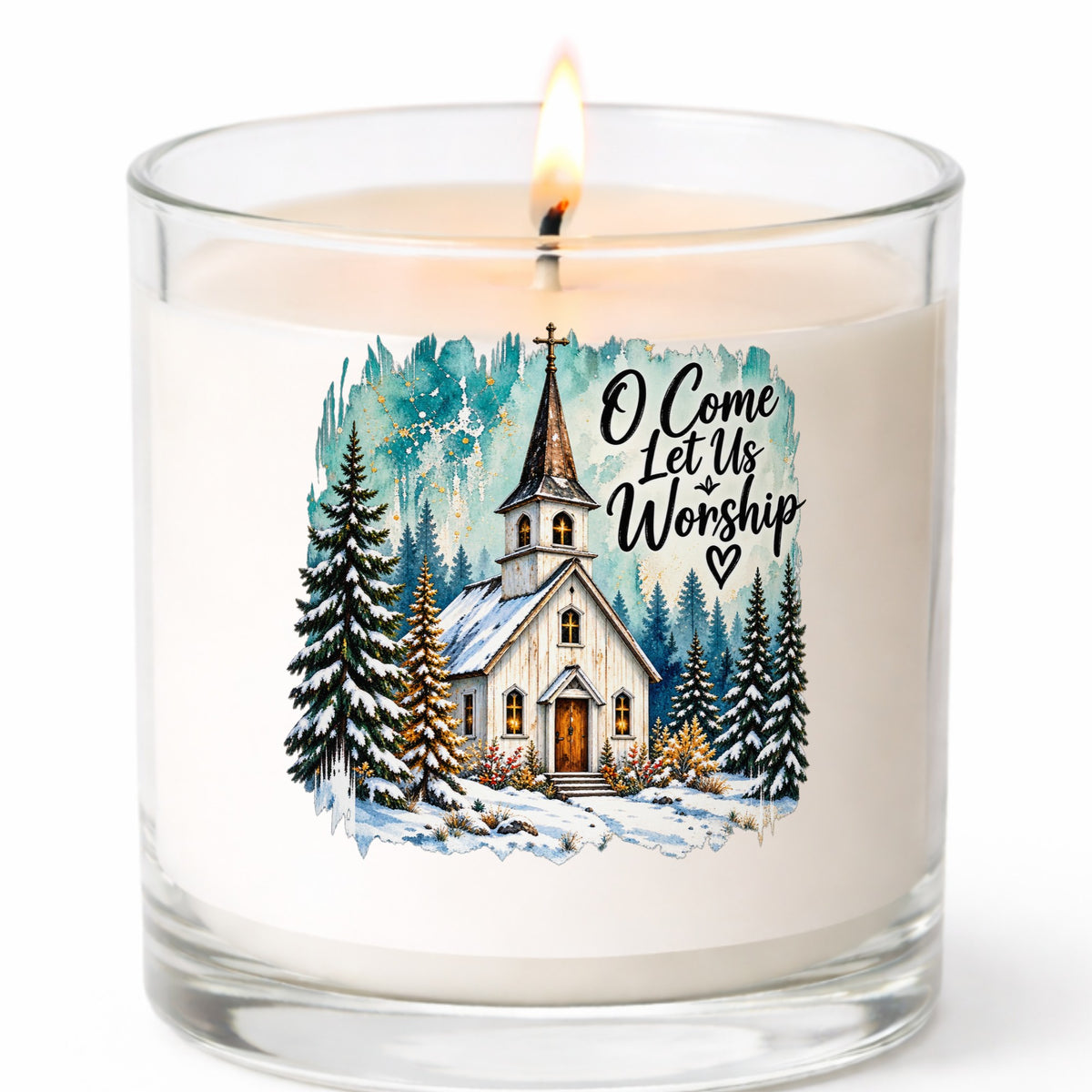 Snowy Country Church UV DTF sticker applied to a white candle in a clear glass jar