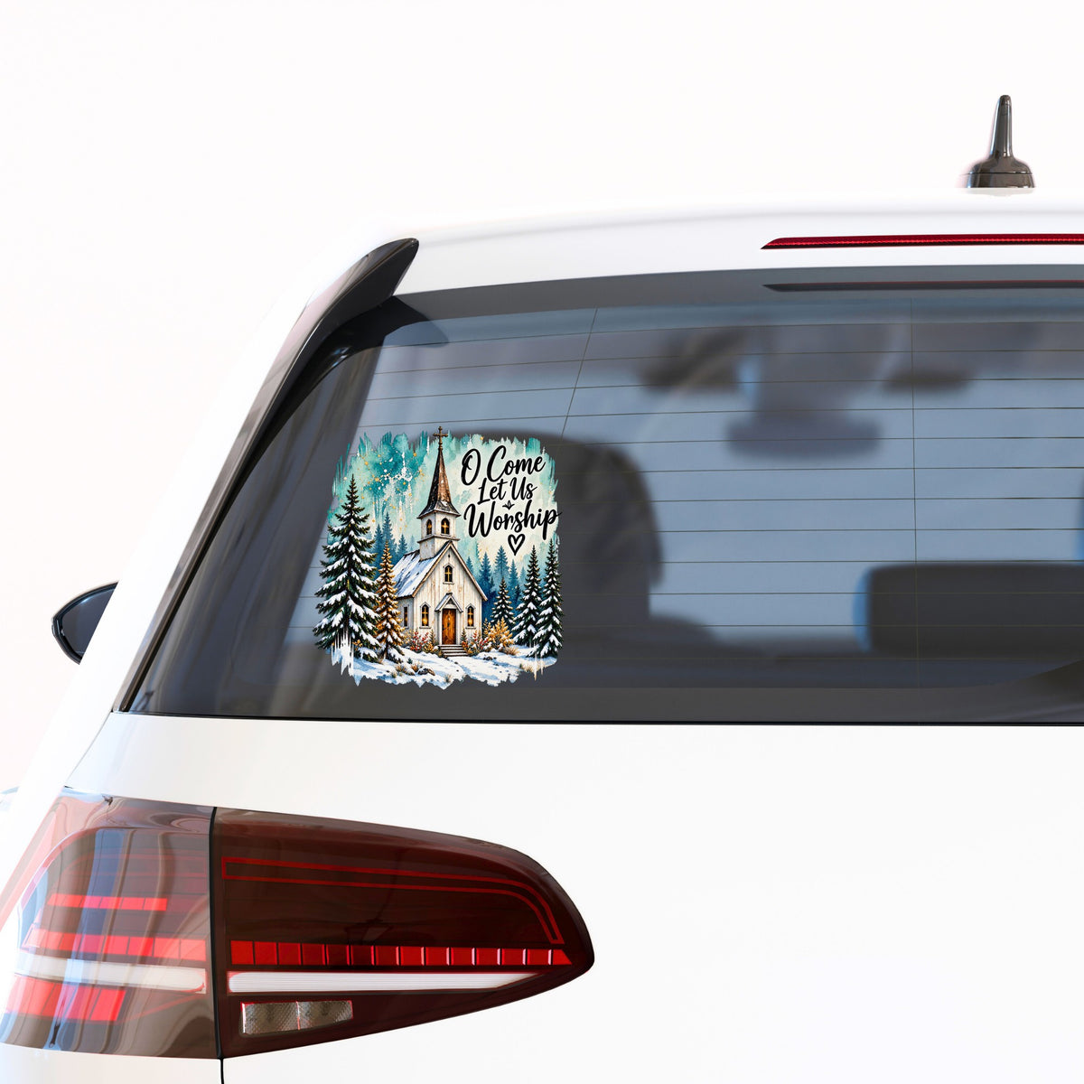 Snowy Country Church UV DTF sticker applied to the rear window of a white car
