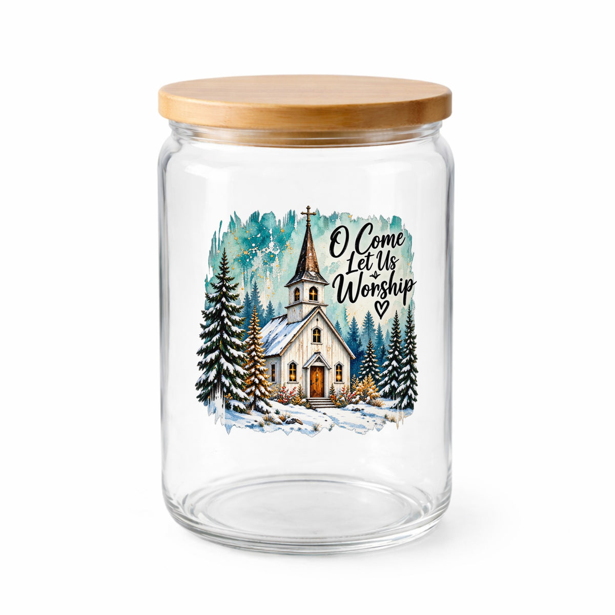 Snowy Country Church UV DTF sticker applied to a clear glass jar with a wooden lid