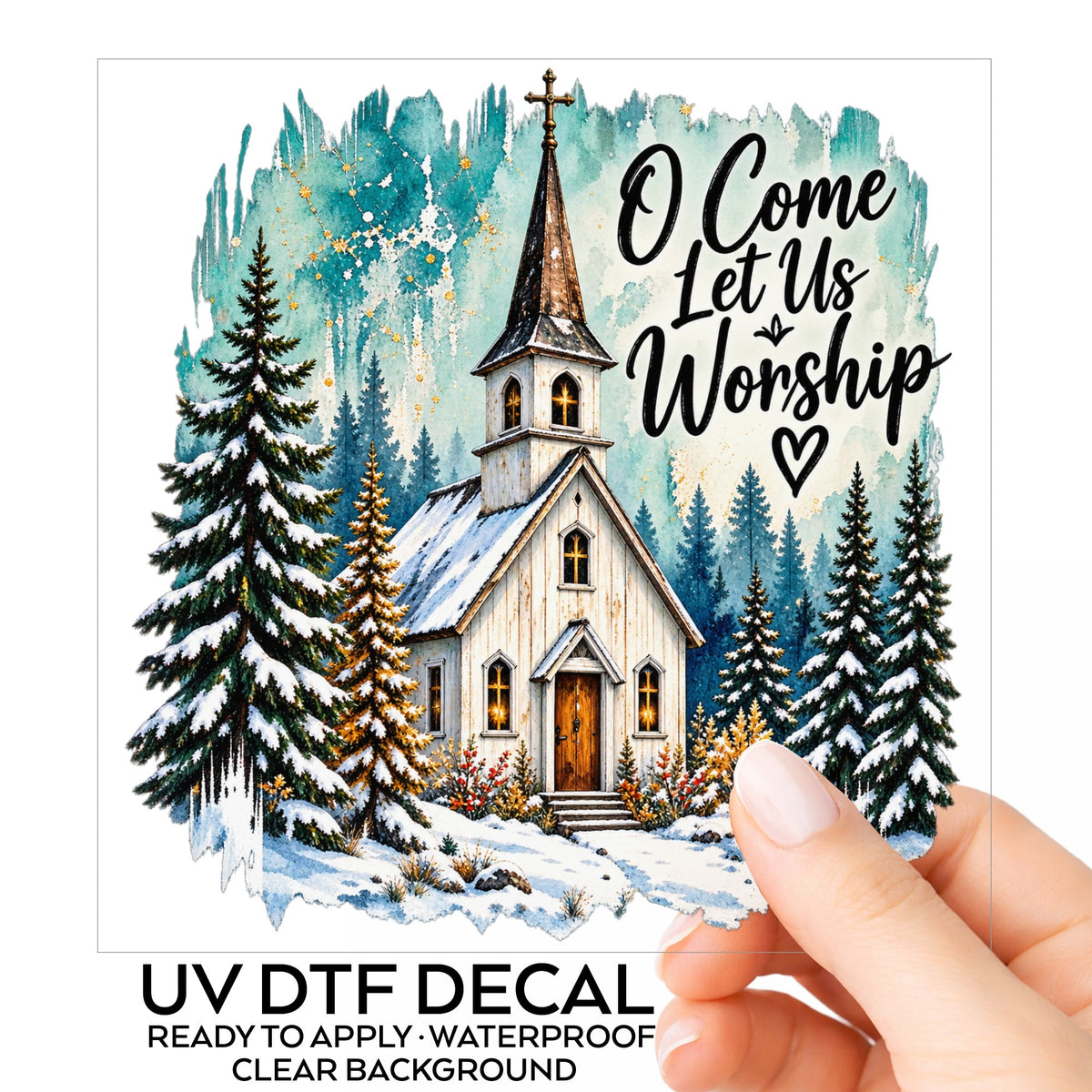 Snowy Country Church UV DTF sticker on its backing card, held in hand