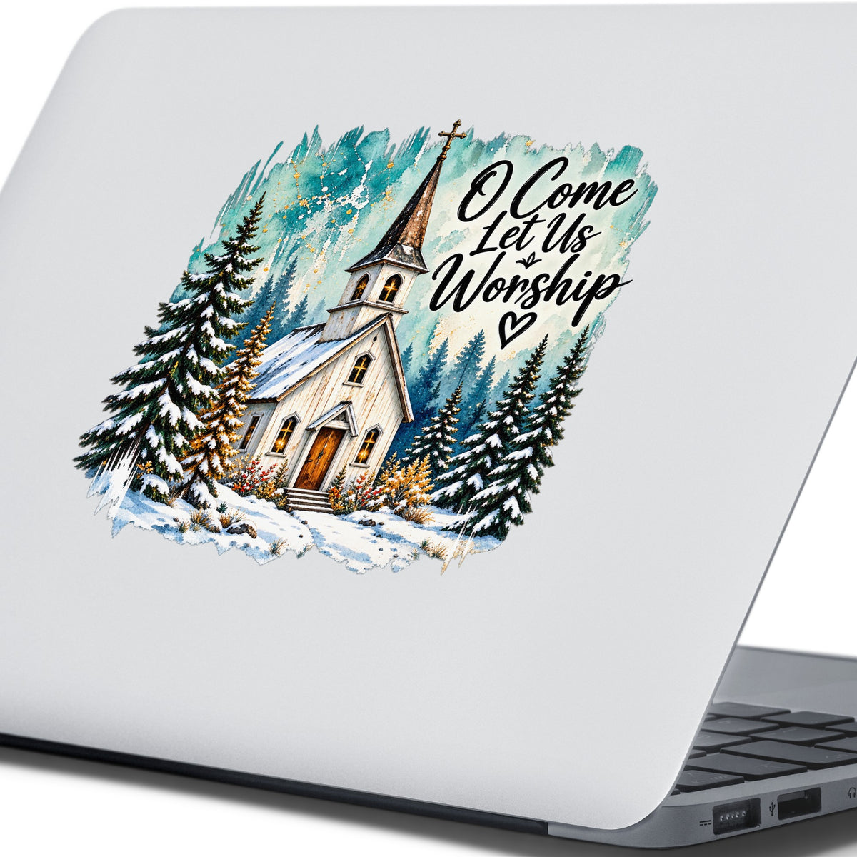 Snowy Country Church UV DTF sticker applied to the lid of a silver laptop