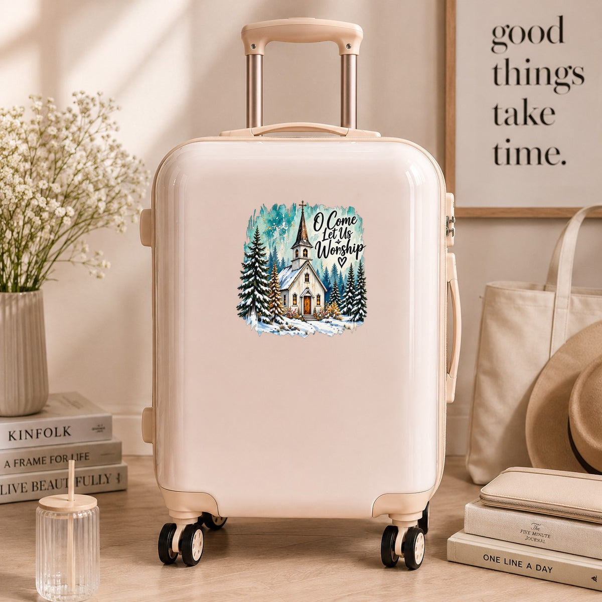 Snowy Country Church UV DTF sticker applied to a cream carry-on suitcase