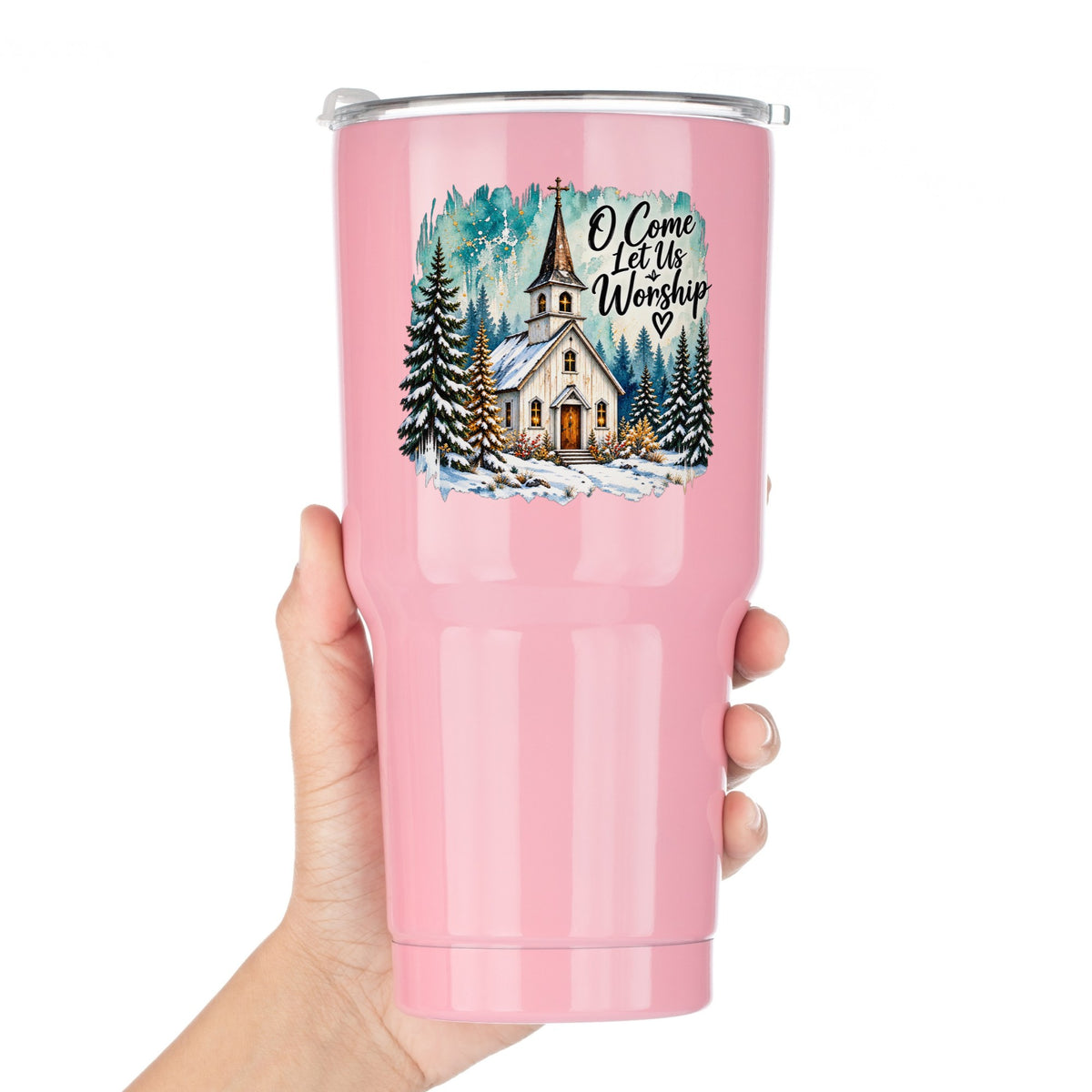 Snowy Country Church UV DTF sticker applied to a pink tumbler held against a white background