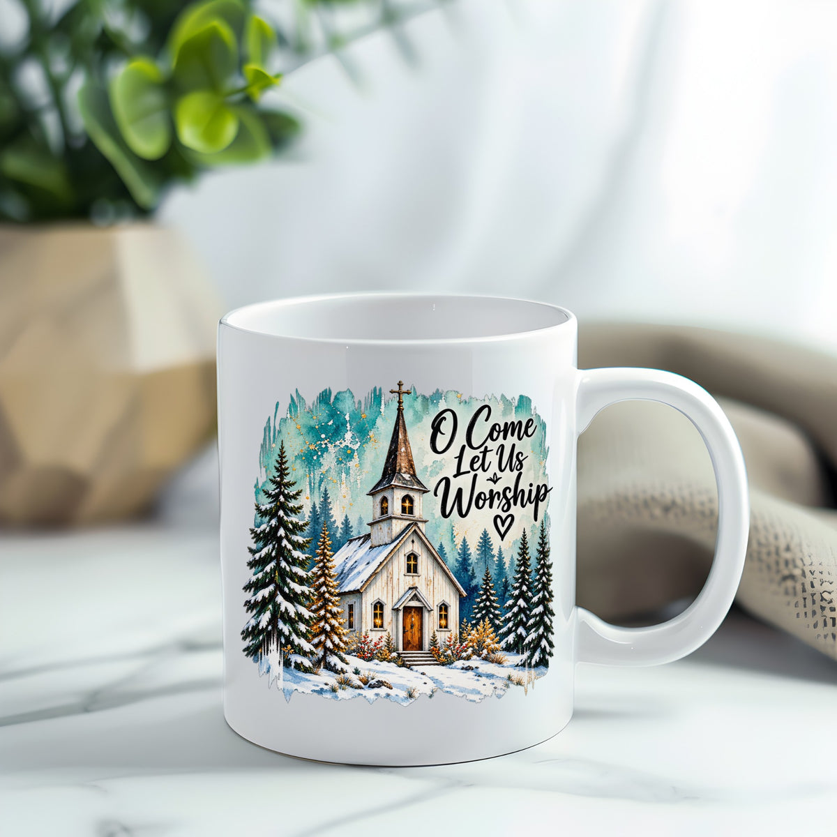 Snowy Country Church UV DTF sticker applied to a white coffee mug