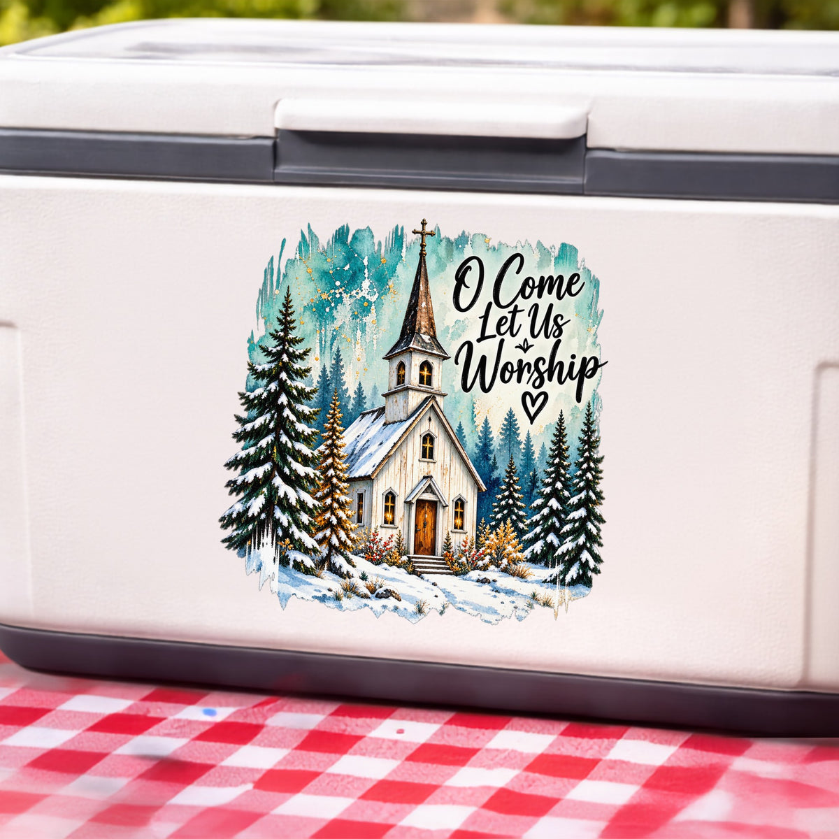 Snowy Country Church UV DTF sticker applied to a white cooler on a red gingham cloth