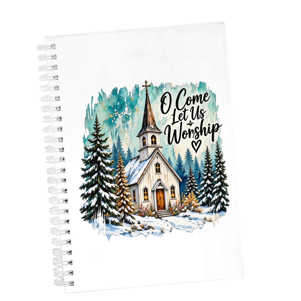 Snowy Country Church UV DTF sticker applied to the cover of a white spiral journal