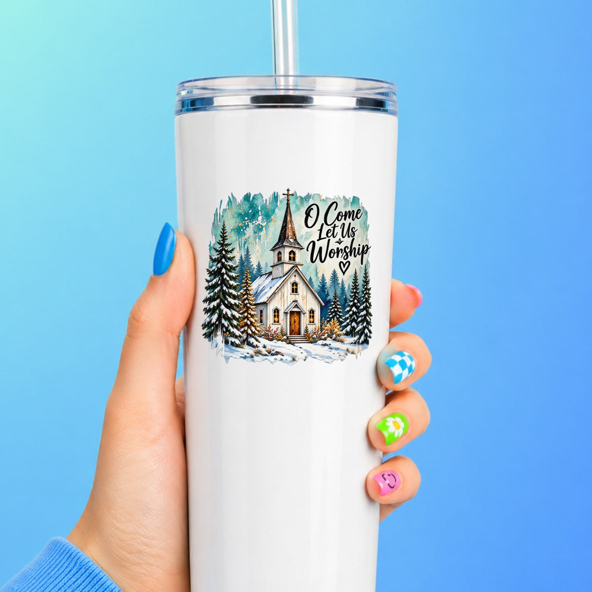 Snowy Country Church UV DTF sticker applied to a white straw tumbler on a blue background