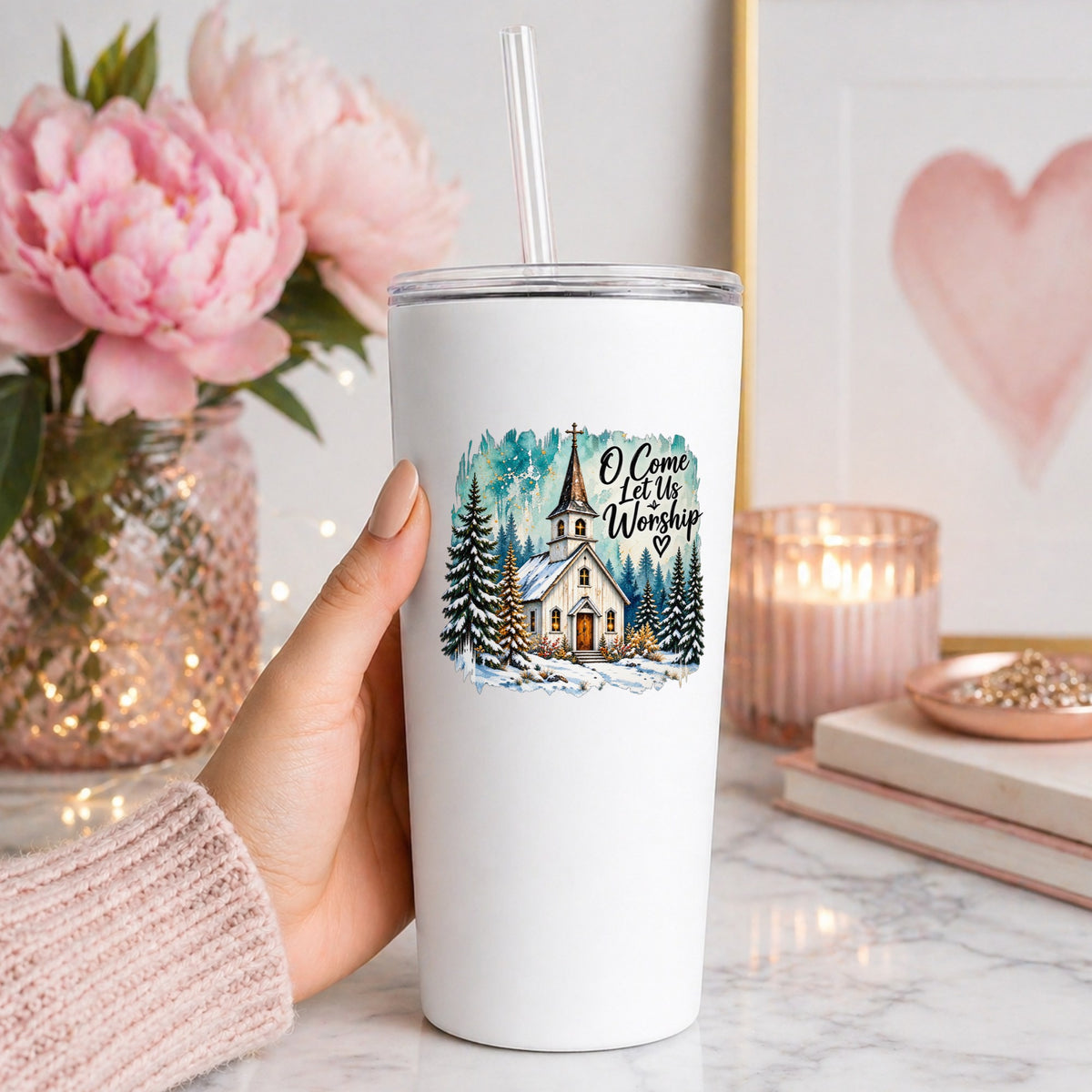Snowy Country Church UV DTF sticker applied to a white straw tumbler beside pink peonies