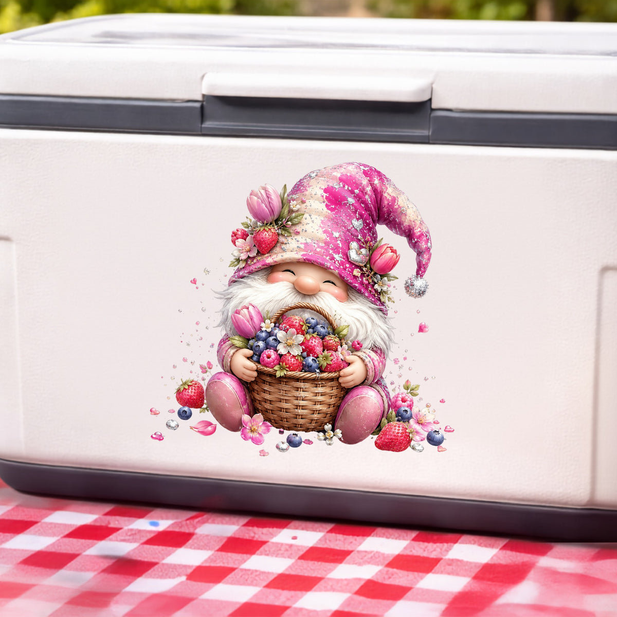 Berry Basket Gnome UV DTF Sticker application mockup 6