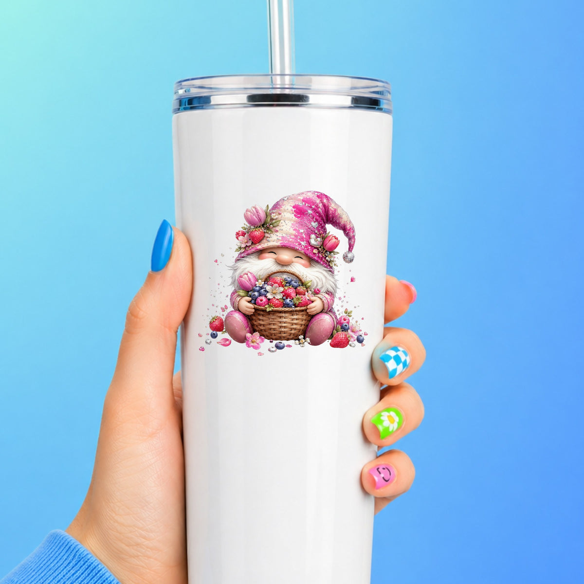 Berry Basket Gnome UV DTF Sticker application mockup 13