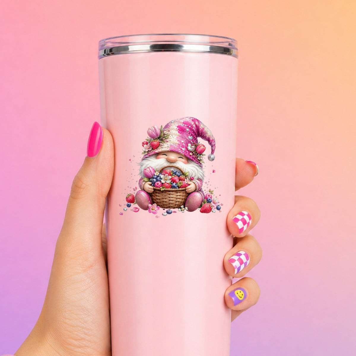 Berry Basket Gnome UV DTF Sticker application mockup 14