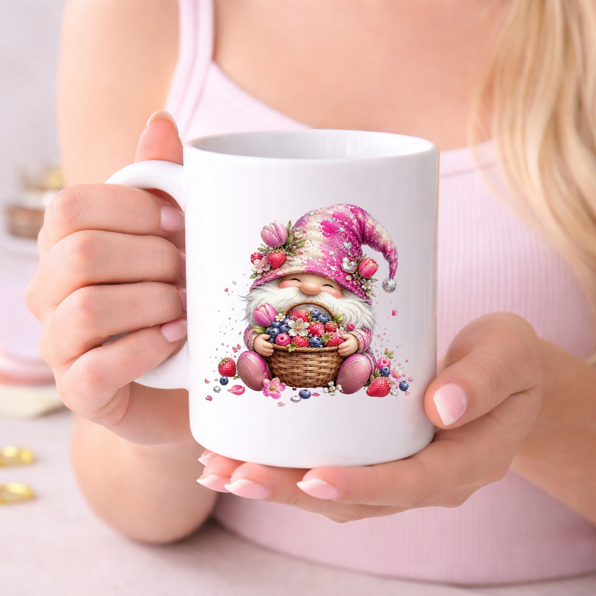 Berry Basket Gnome UV DTF Sticker application mockup 17