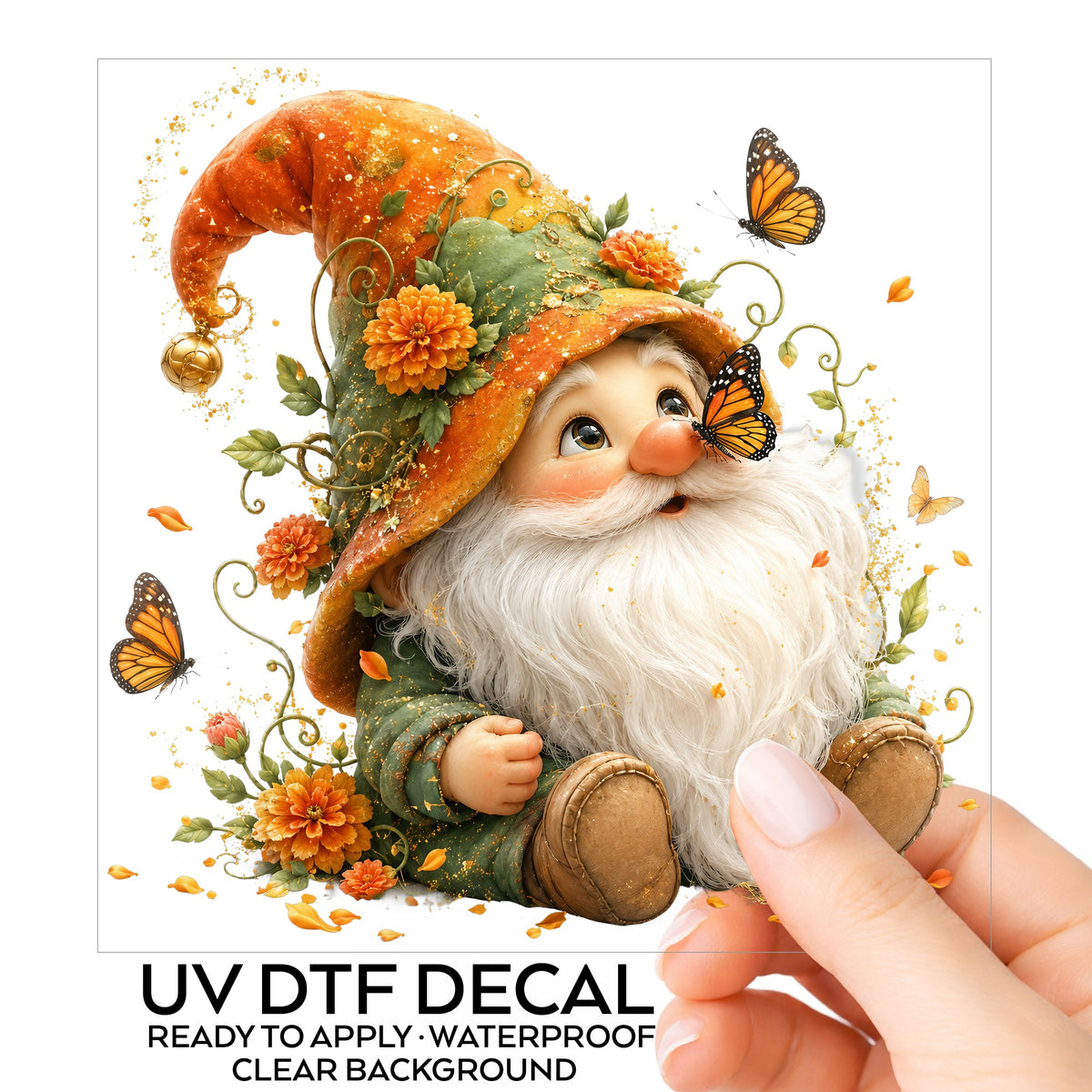 Monarch Butterfly Gnome UV DTF Sticker application mockup 1