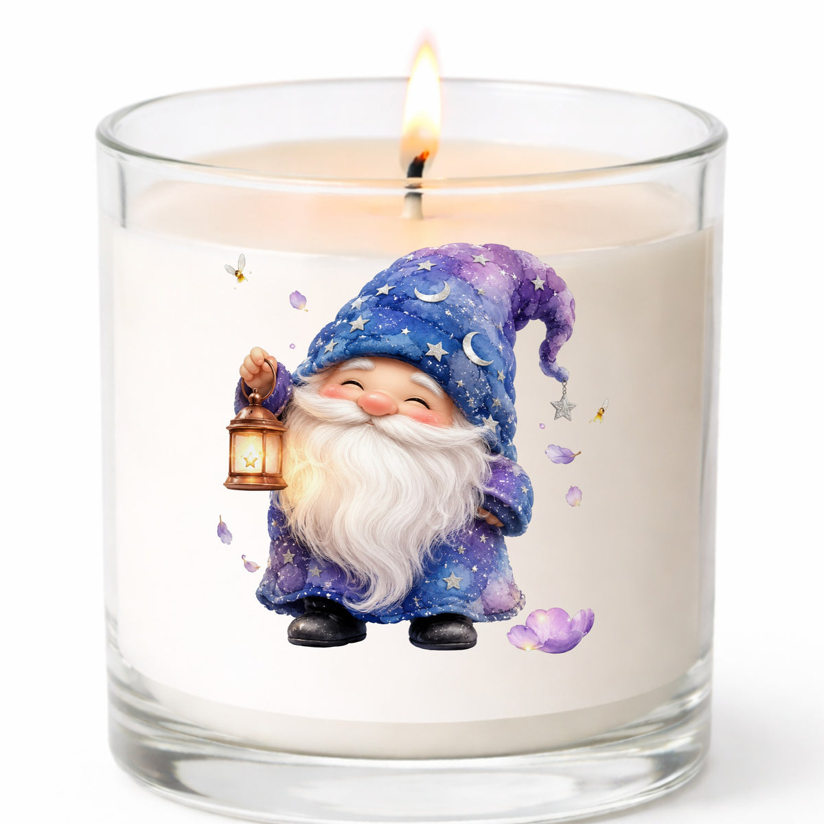 Gnome Holding A Lantern UV DTF sticker applied to a white candle in a clear glass jar