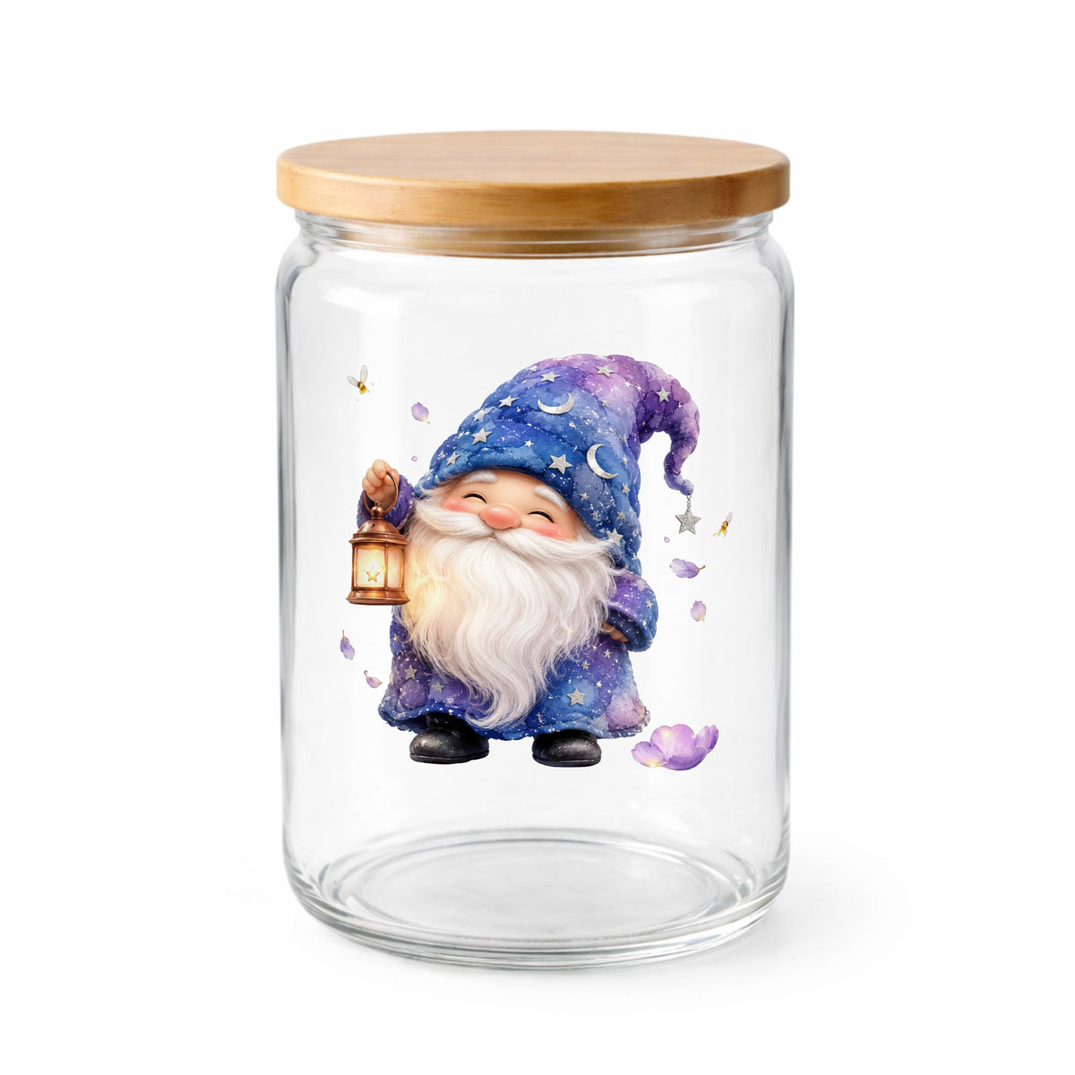Gnome Holding A Lantern UV DTF sticker applied to a clear glass jar with a wooden lid