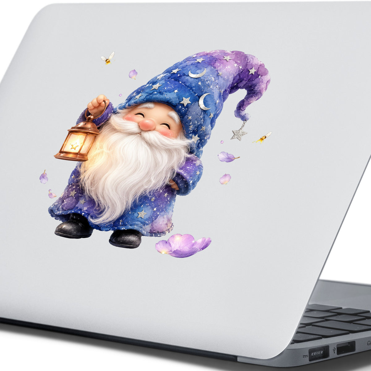 Gnome Holding A Lantern UV DTF sticker applied to the lid of a silver laptop