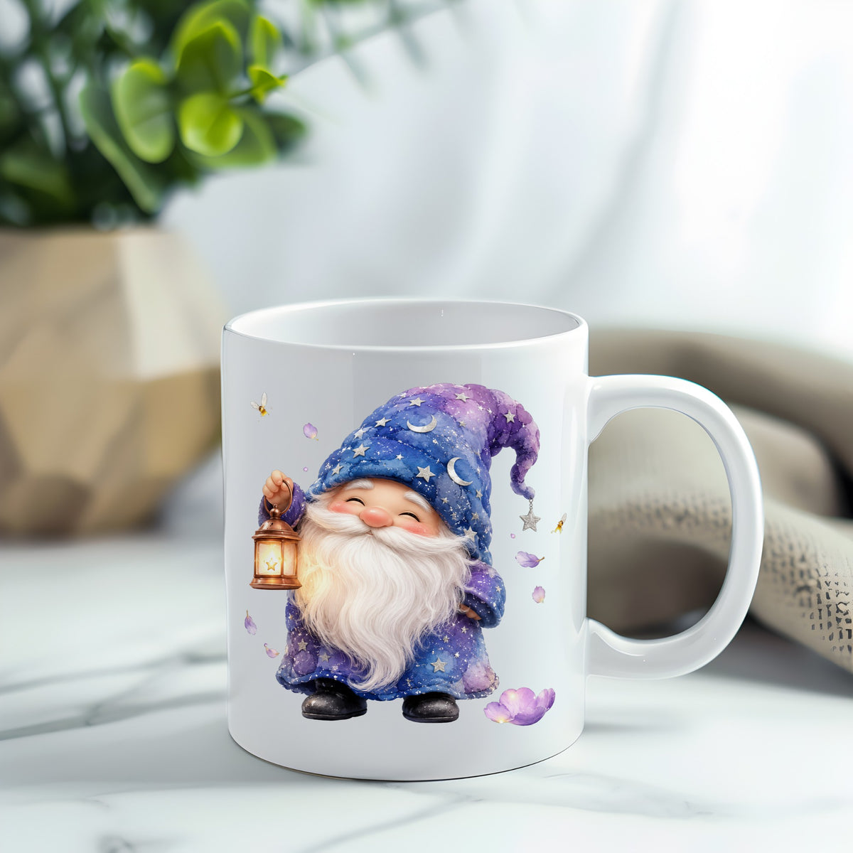 Gnome Holding A Lantern UV DTF sticker applied to a white coffee mug