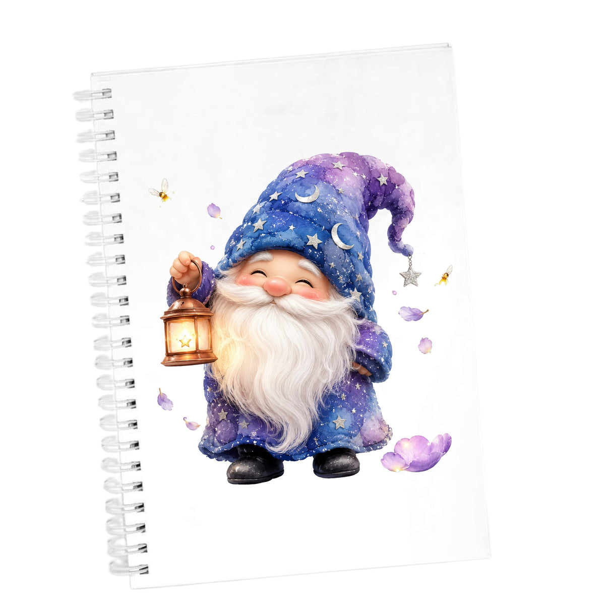 Gnome Holding A Lantern UV DTF sticker applied to the cover of a white spiral journal