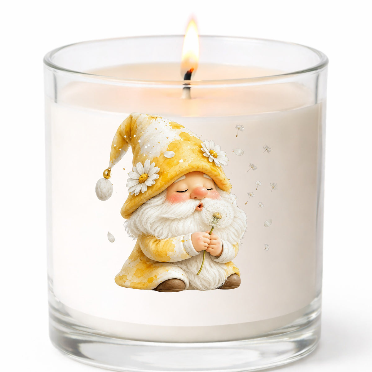 Gnome Blowing A Dandelion UV DTF sticker applied to a white candle in a clear glass jar