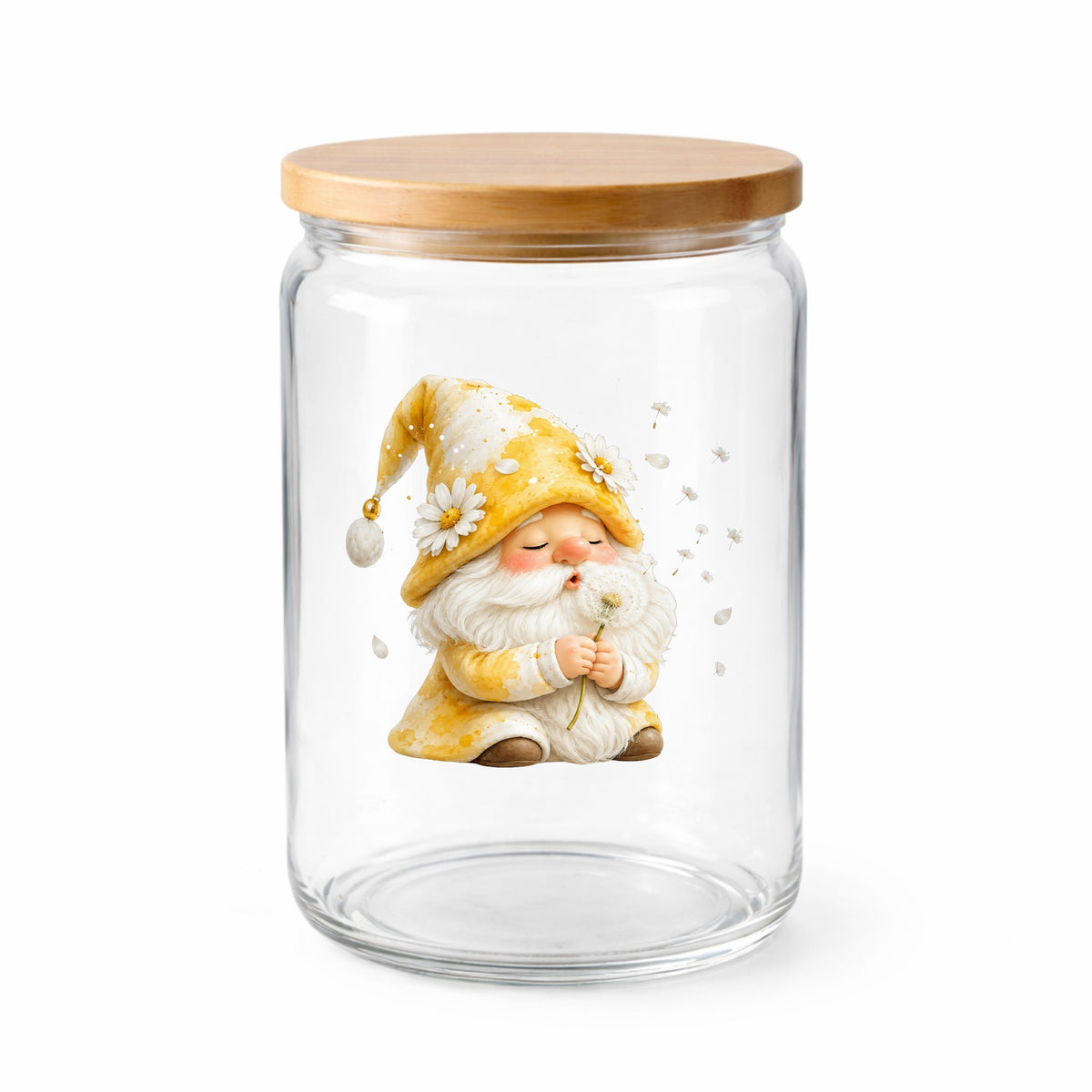 Gnome Blowing A Dandelion UV DTF sticker applied to a clear glass jar with a wooden lid