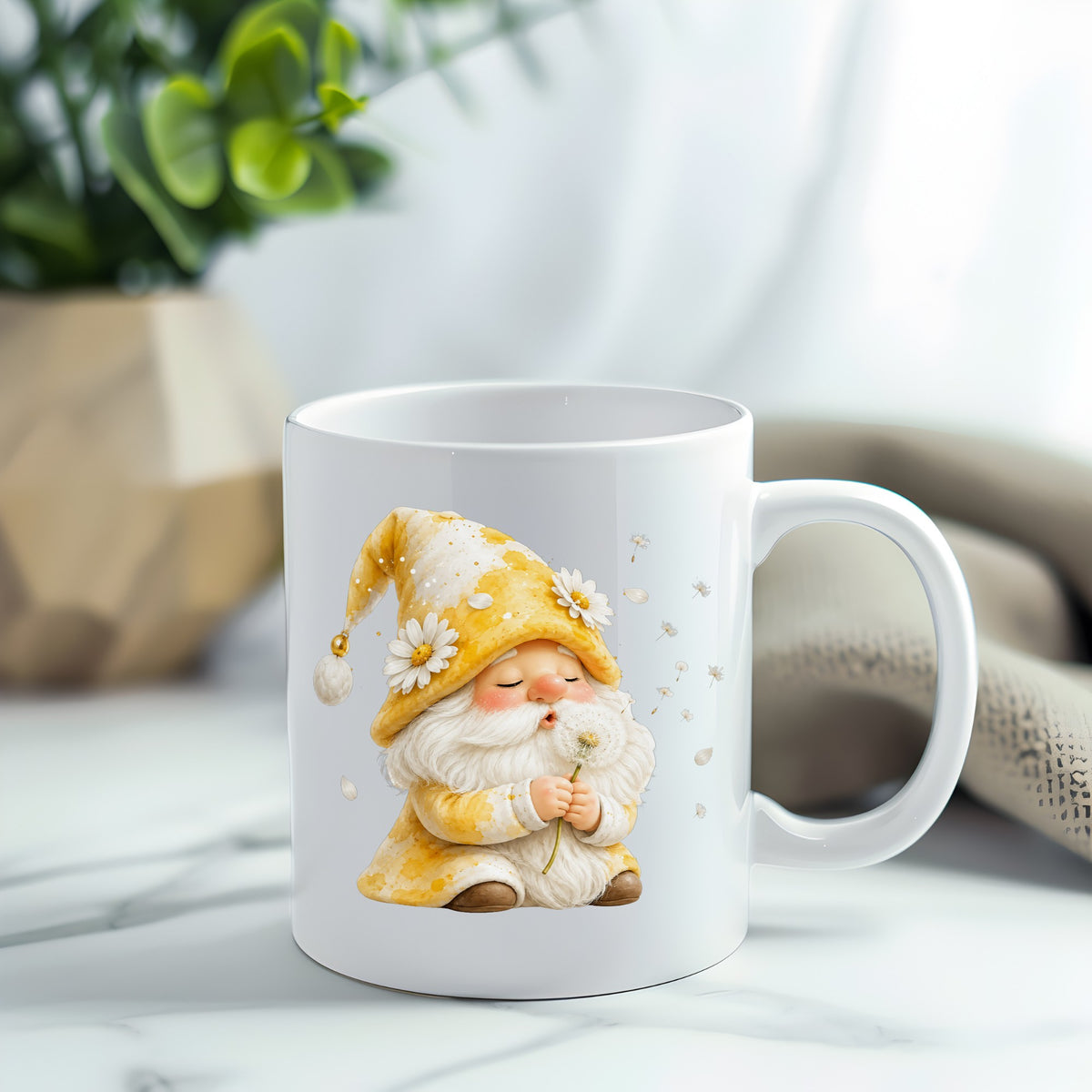 Gnome Blowing A Dandelion UV DTF sticker applied to a white coffee mug