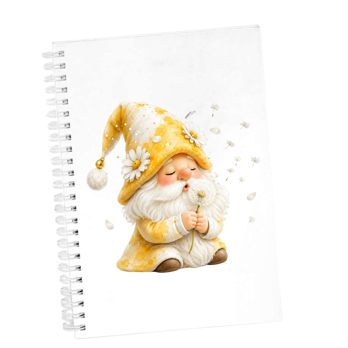 Gnome Blowing A Dandelion UV DTF sticker applied to the cover of a white spiral journal