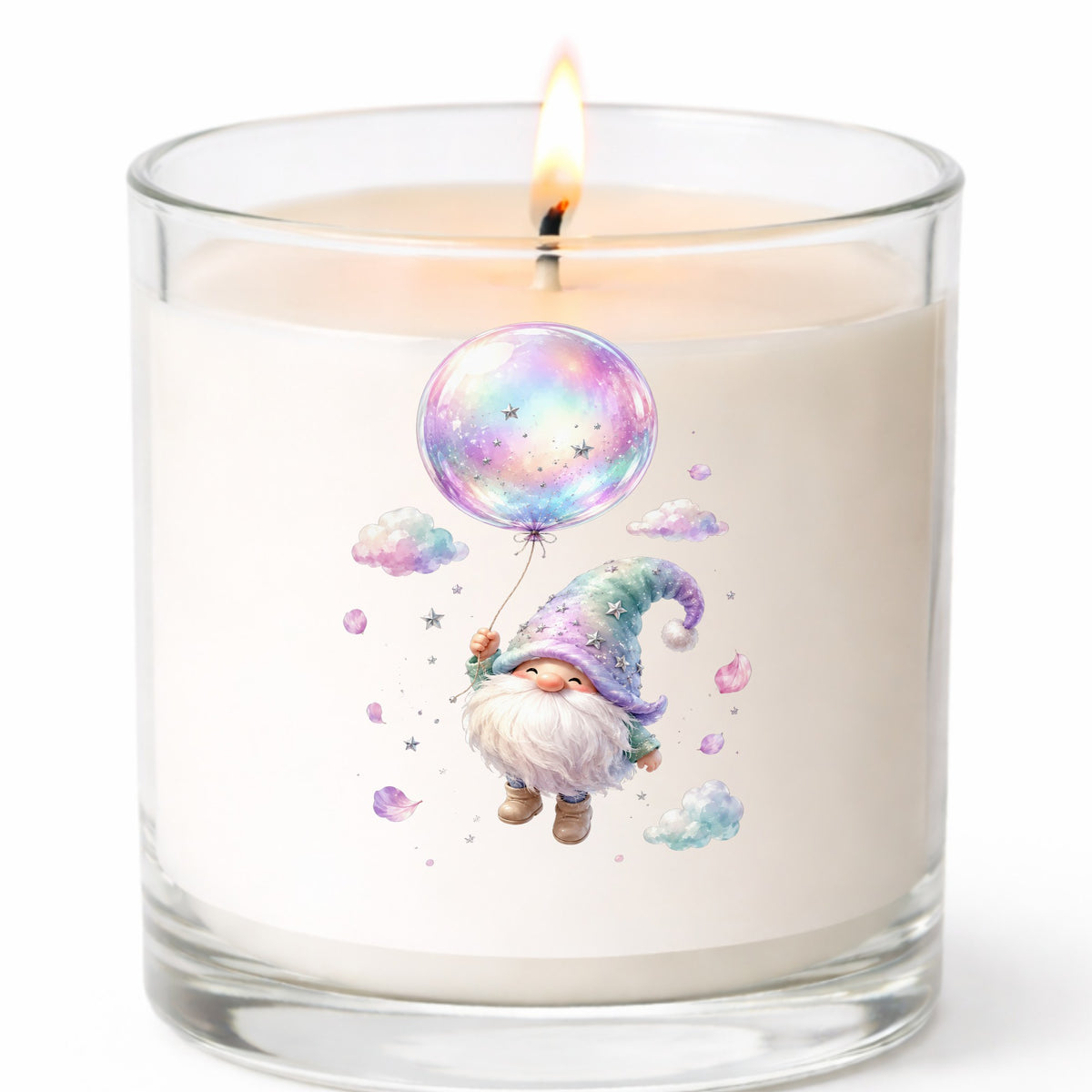 Gnome With Rainbow Bubble Balloon UV DTF sticker applied to a white candle in a clear glass jar