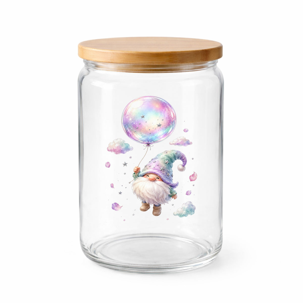Gnome With Rainbow Bubble Balloon UV DTF sticker applied to a clear glass jar with a wooden lid