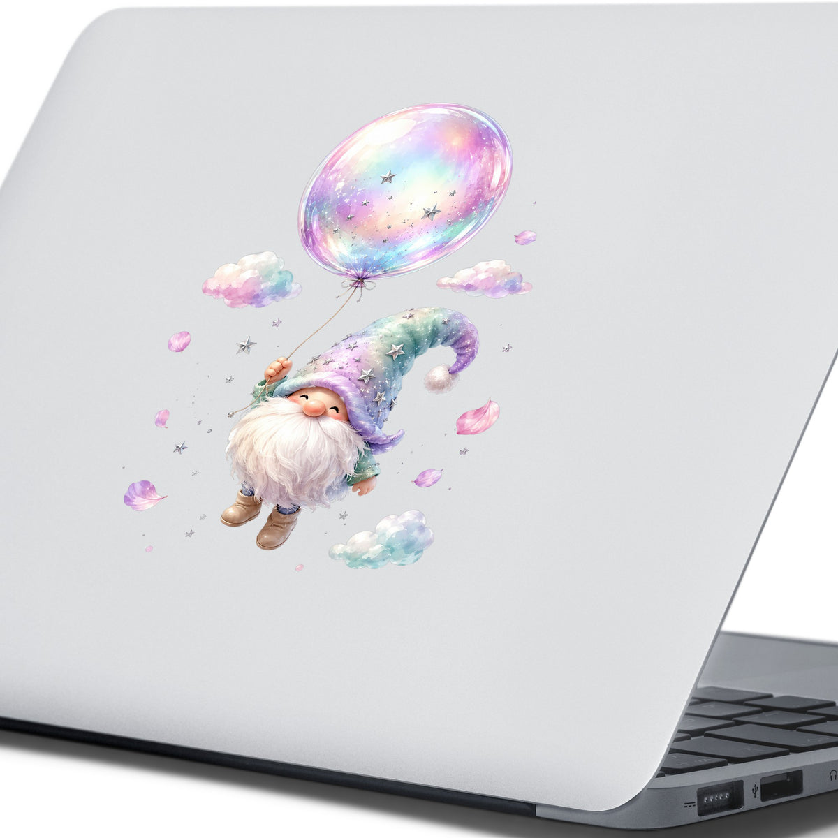 Gnome With Rainbow Bubble Balloon UV DTF sticker applied to the lid of a silver laptop