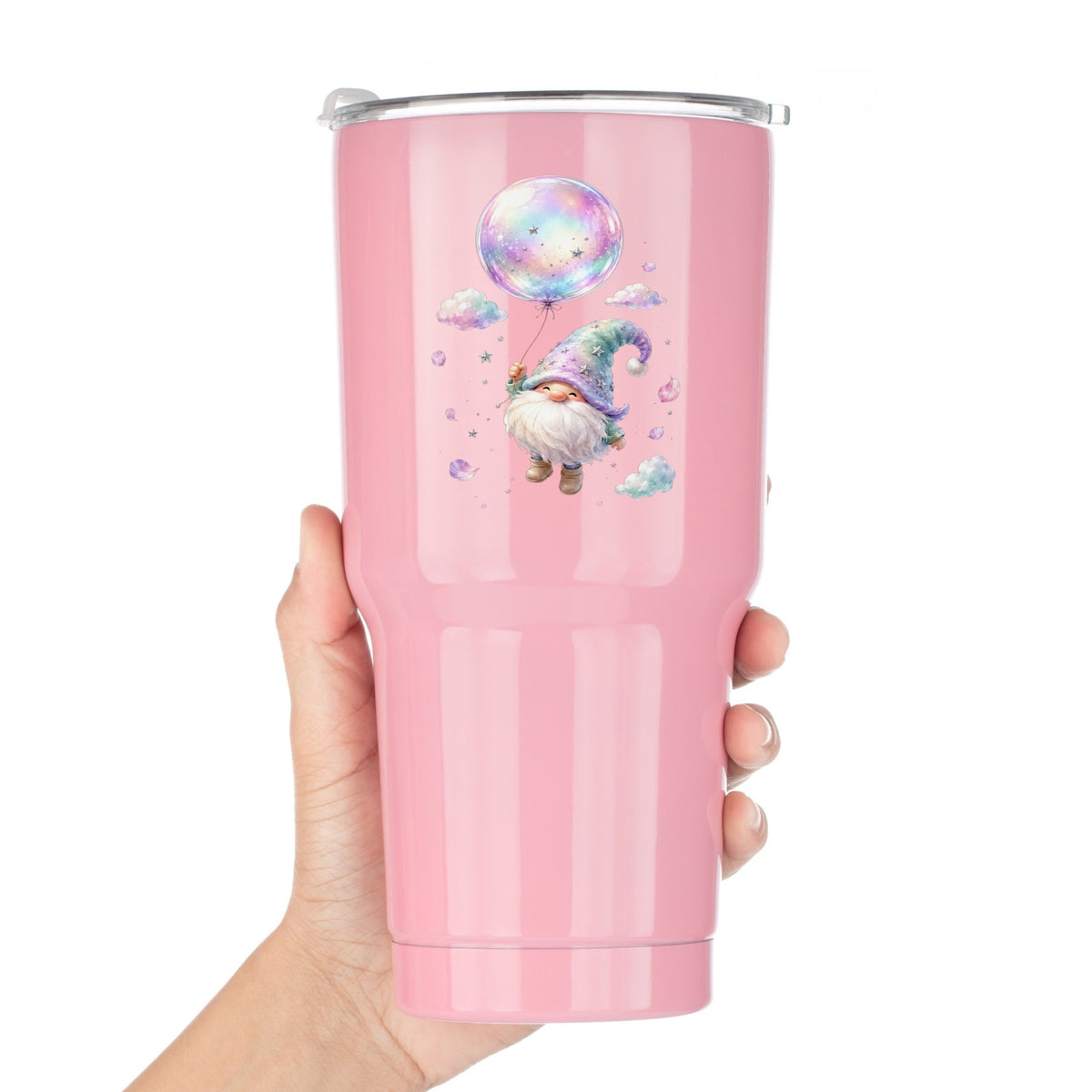 Gnome With Rainbow Bubble Balloon UV DTF sticker applied to a pink tumbler held against a white background