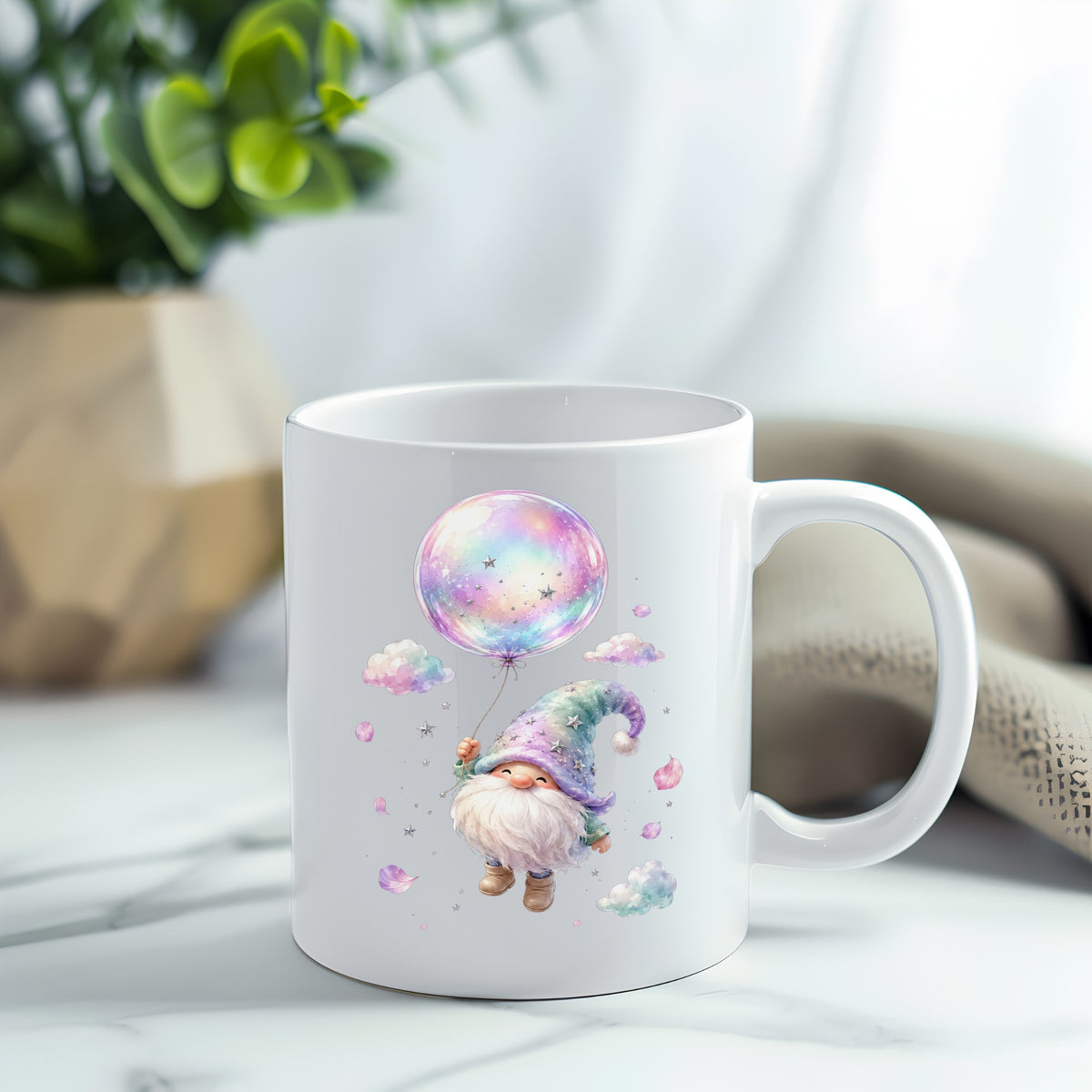 Gnome With Rainbow Bubble Balloon UV DTF sticker applied to a white coffee mug