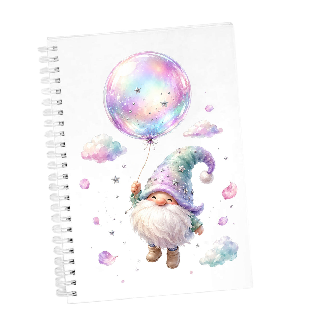 Gnome With Rainbow Bubble Balloon UV DTF sticker applied to the cover of a white spiral journal