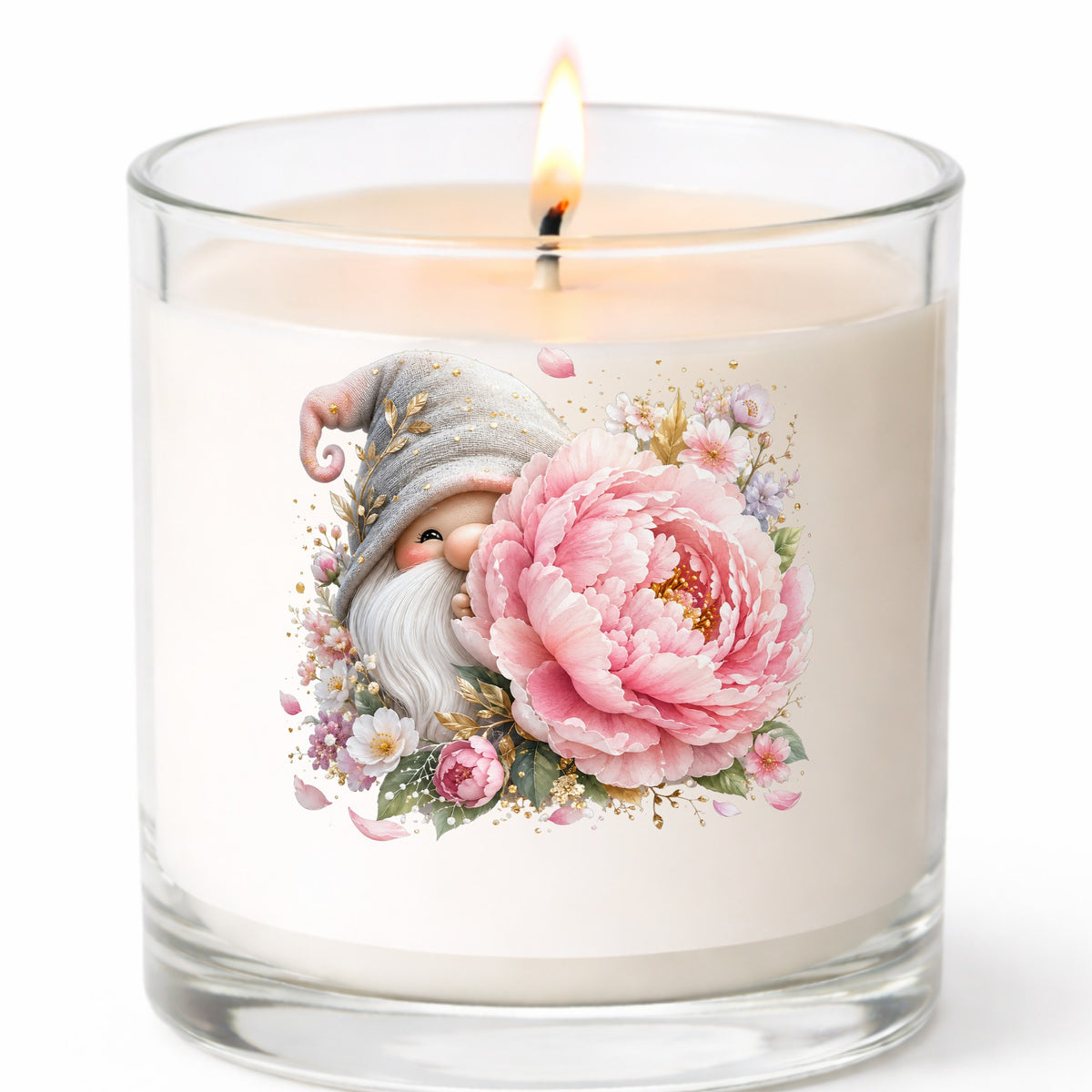 Gnome With Pink Peony UV DTF sticker applied to a white candle in a clear glass jar